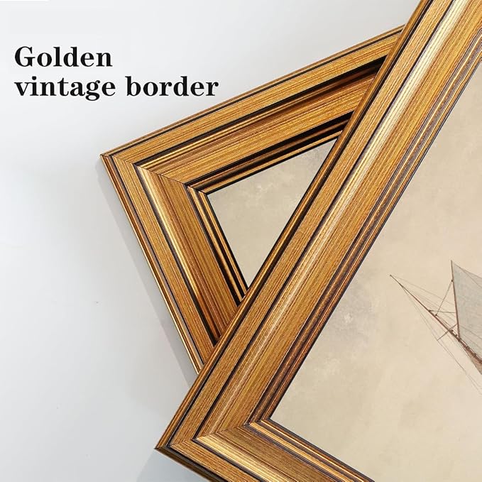 Gold Framed Wall Art Vintage Canvas Wall Art White Sailboat Seaview Seascape Artwork Prints Picture for Living Room Bedroom Farmhouse Bathroom Office Decor, 16x24