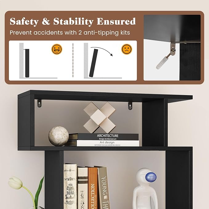 Giantex 6-Tier Geometric Bookshelf, S-Shaped Bookcase with 2 Anti-Tipping Kits, Wooden Display Shelf, Decorative Storage Shelving Unit, Home Storage Organizer for Office Living Room (1,Black)