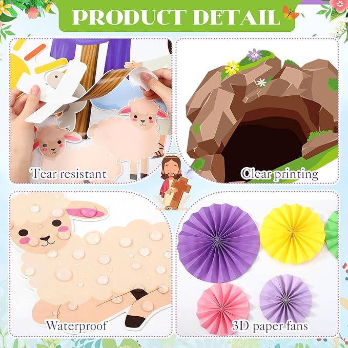 Eersida Easter Bulletin Board Decorations with Paper Fans 3D Christian Easter Classroom Bulletin Board He is Risen Cutouts for School Library Church Blackboard Window Wall Decor