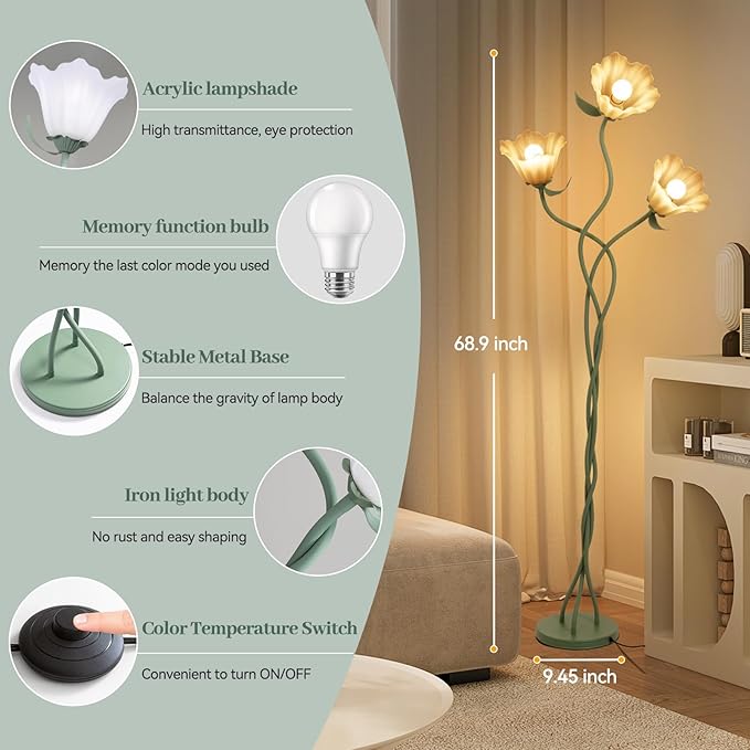 Vintage 3 Heads Flower Floor Lamp with Adjustable Gooseneck Corner Standing Tall Floor Lamp 3 Color Modes for Living Room Bedroom Reading Decoration Vine Floral Lamp with Lily of The Valley