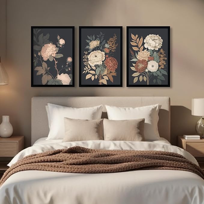 Krtoni 3PCS Framed Vintage Flower Wall Art, Rustic Farmhouse Dark Peony Floral Wall Decor, Retro Plants Aesthetic Painting Prints, Flower Botanical Artwork for Living Room Bedroom Bathroom 16W x 24H