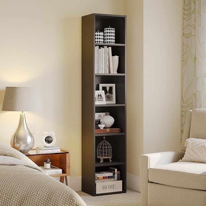 MXV Narrow Bookshelf, 6-Tier Open Bookcase, Coner Shelf, Storage Shelves, Display Storage Shelves, Floor Standing Unit, Home Decor, Furniture for Home Office, Living Room, Bedroom, Black