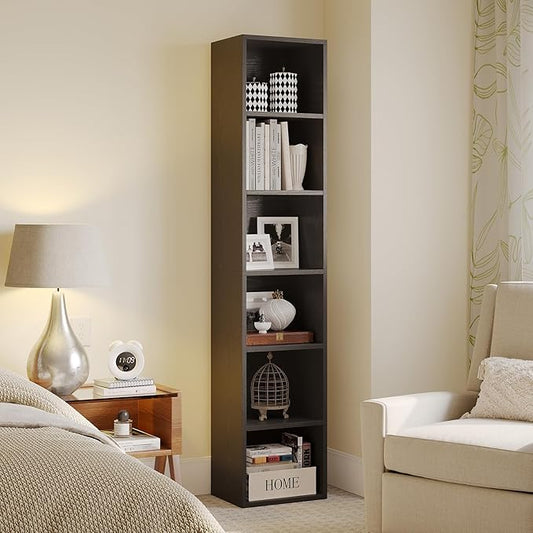 MXV Narrow Bookshelf, 6-Tier Open Bookcase, Coner Shelf, Storage Shelves, Display Storage Shelves, Floor Standing Unit, Home Decor, Furniture for Home Office, Living Room, Bedroom, Black