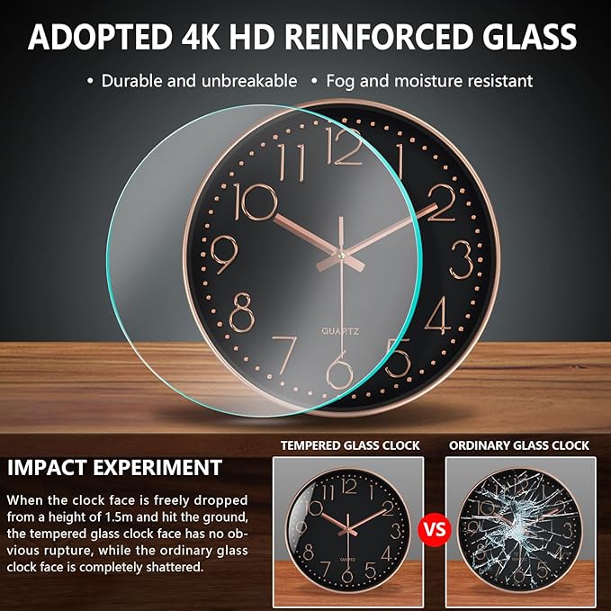 Modern Silent Wall Clock - 12 Inch Wall Clocks Battery Operated Large Number, Non-Ticking Analog Clock with Tempered Glass Quartz Clocks for Living Room Bedroom Office Kitchen, Black Rose Gold