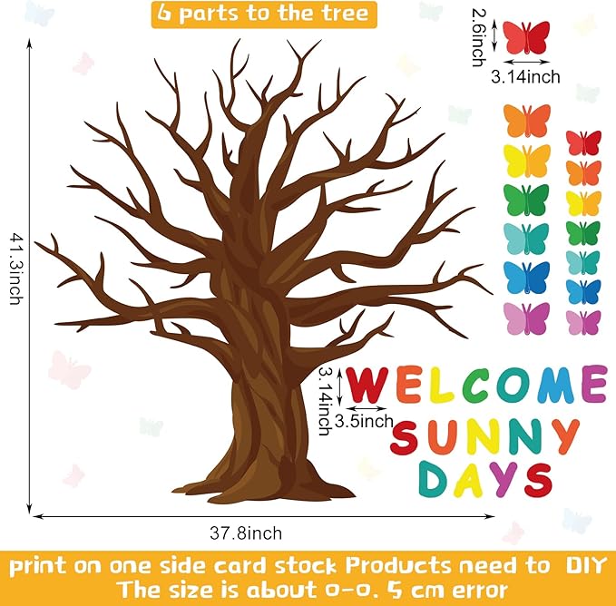 128 Pcs Butterfly Tree Bulletin Board Decorations Spring Classroom Bulletin Board Sets Welcome Sunny Days Back to School Cutouts for Wall Background Chalkboard Supplies