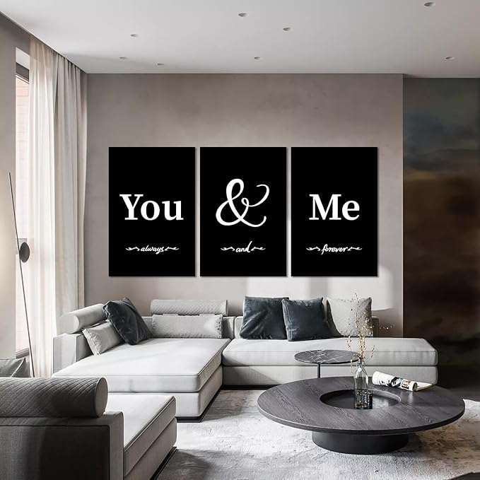 Set of 3 Large Wall Art for Bedroom, Black White You and Me Canvas Wall Decor Love Style Picture Simple Words Poster Modern Painting Artwork Framed Print for Living Room Home, 24" x 36" x 3Pcs