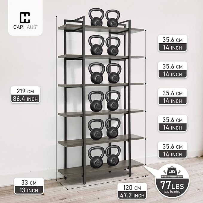CAPHAUS 6-Tier Book Shelf, 86" H Vintage Industrial Bookcase with Open Display Shelving, Wooden and Metal Shelving Unit, Bookshelves and Bookcases, Stand Shelf for Bedroom, Dark Grey