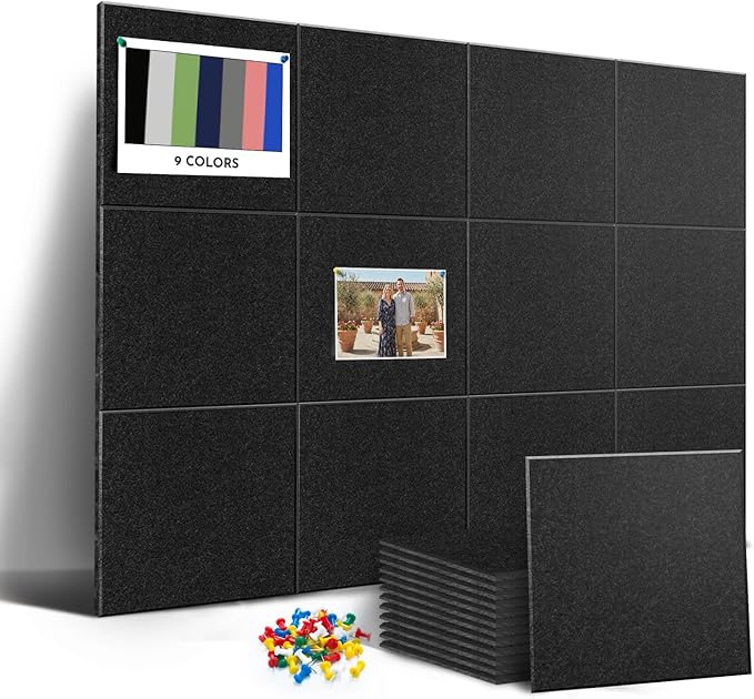 MISSDAY Black Acoustic Wall Panel Felt Bulletin Board 48" x 36" Cork Board for Wall, 12-Pack Boards with 72 Removable Adhesive Tabs, 50 Pins, Pin Board for Home Office Classroom Soundproof Wall Tile
