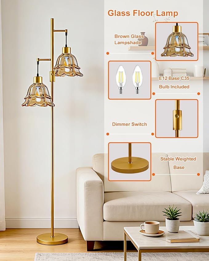 Lightdot 65IN Gold Flower Floor Lamp for Living Room, 2-Light Dimmable with Amber Glass Lampshade, 3000K Warm White Modern Standing Tall Lamp for Bedroom Sofa Beside Corner Decor