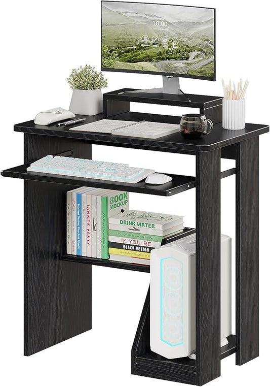 30" Small Computer Desk with Keyboard Tray Monitor Stand, Study Writing Desk with Storage Shelves, Modern Workstation for Small Spaces, Save Space, Black