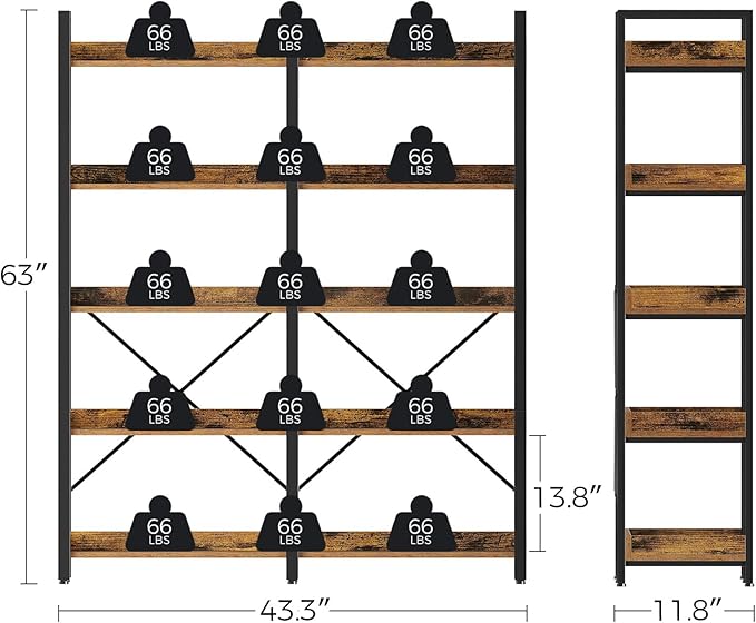 Seventable Bookshelf 5 Tier with 4 Hooks, 63” Industrial Wooden Bookcase, Vintage Storage Rack with Open Shelves, Rustic Standing Bookshelves Metal Frame 43.3” Wide Display Rack, Rustic Brown