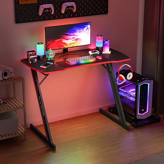 PayLessHere | 39" Gaming Table | Red | Z-Shaped Computer Desk with Steel Frame, Headphone Hook, Adjustable Feet | Carbon Fiber Texture Surface, Sweat & Waterproof | for Gaming, Home Office