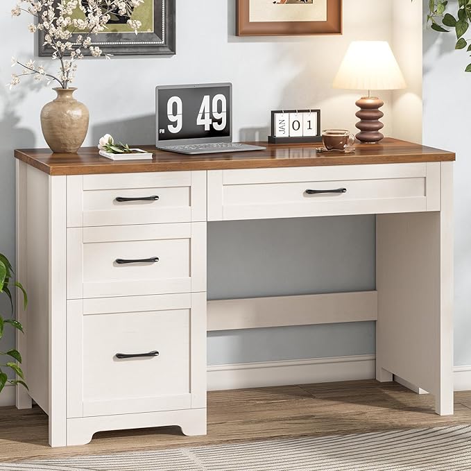 Vabches Farmhouse 47" Executive Desk with File Drawer, Wood Computer Desk with 3 Storage Drawers, Workstation for Home Office, Study, Writing.