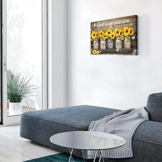 Parylore Vintage Sunflower Wall Art Canvas Christian Scripture Decor Print God Says You Are Painting Framed Modern Artwork For Living Room Bedroom Bathroom Office Home 16x24 In