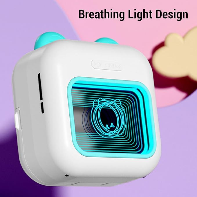 Thermal Label Printer, Mini Portable Inkless Printer with Bluetooth Connection & 7 Color Breathing Lights, Wireless Rechargeable Printing Devices for School Home Office