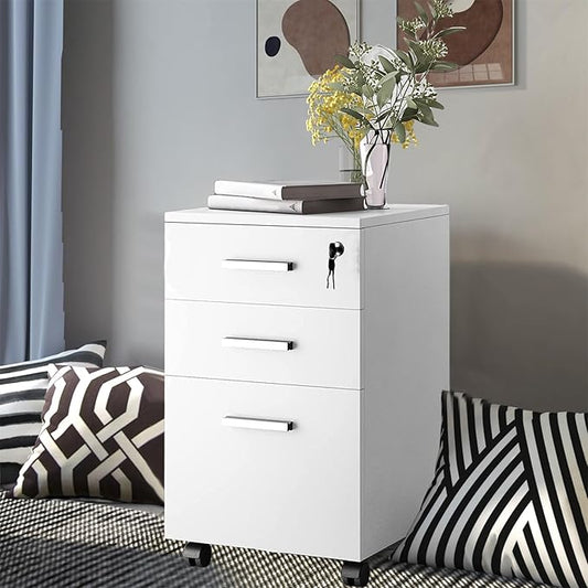 Drawer Chest Wood File Cabinet Rolling Organizer Storage Dresser with Wheels for Home Office, Mobile File Cabinet, Rolling Printer Stand with 3 Drawers, Vertical Filing Cabinet for Home Office (White)
