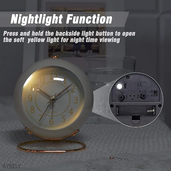 AYRELY® Battery Operated Desk Alarm Clock with Light,Silent No Ticking,Small Table Clock for Bedside/Bedroom/Living Room/Office/Travel/Kids/Room Decor Aesthetic Vintage(Cream)
