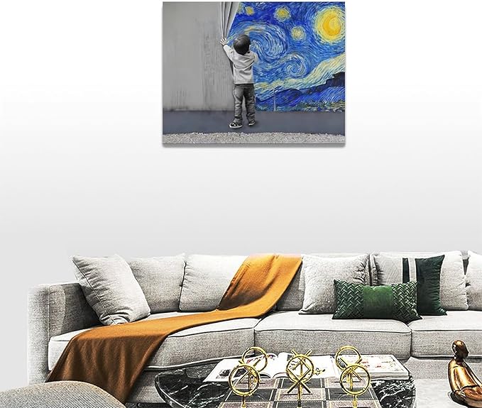 Banksy Wall Art Boys Starry Night Street Graffiti Pictures Wall Decor Kids Canvas Painting Pop Home Modern Artwork Decorations Framed for Living Room Bedroom Bathroom Office 16 x 12 inch