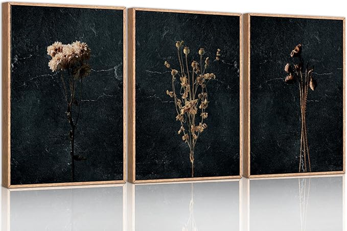Moody Dark Orange Floral Framed Canvas Wall Art Set, Minimalist Wildflower Wall Decor, Black Flower Botanical Wall Painting, Modern Illustration Art Print Living Room, Bedroom, Office 36"x24"x3