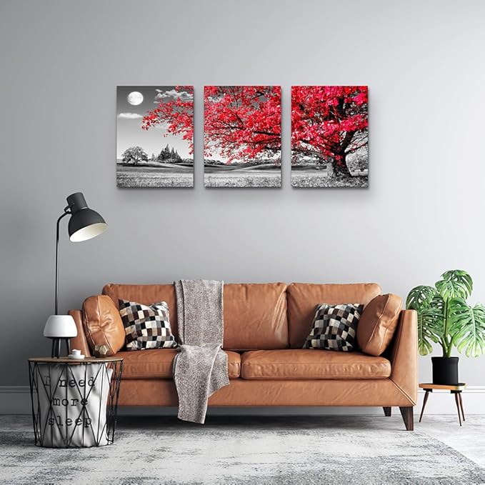 canvas wall art for living room family bedroom Wall Decor Black and white red tree moon landscape painting Ready to Hang for room Decorations Works office Decor Prints pictures 12" x 16"3 Pieces