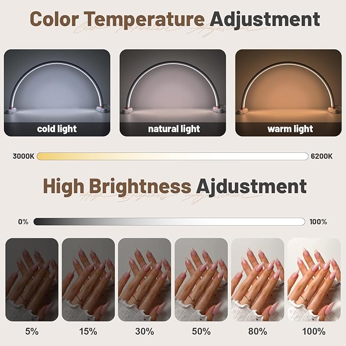 BZJ 20-Inch Half Moon Nail Light for Desk Portable Nail Art Table Lamp with Adjustable Brightness and Color Temperature for Beauty Eyelash Extensions Tattoo Crafts