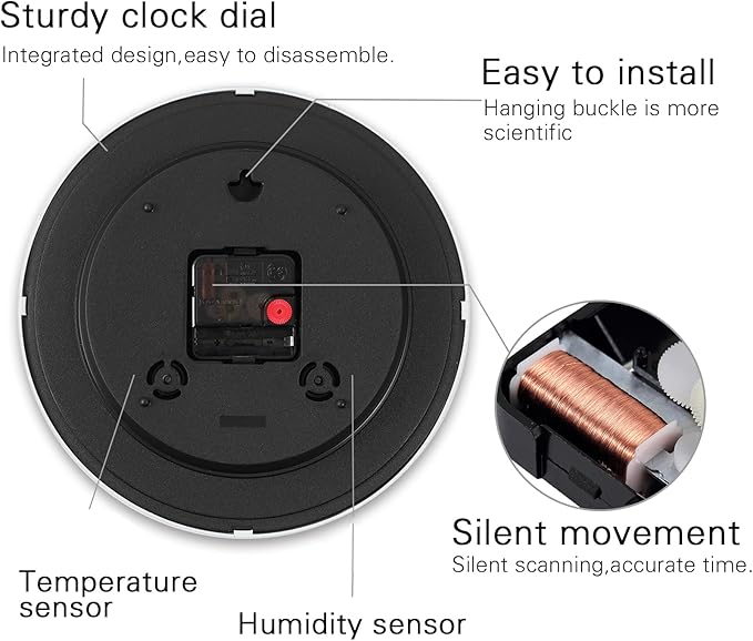 Wall Clock, Sweep Silent Movement Accurate Clocks with Temperature & Humidity, Decorative for Kitchen/Living Room/Bedroom/Office/Bathroom/Classroom (Silver, 10 inch)