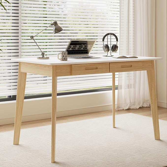 40 Inch Compact Computer Gaming Desk, White Study Work Office Desk with 2 Storage Drawers, Rectangular Study Reading Table, Simple Computer Writing Table for Home Office, Living Room