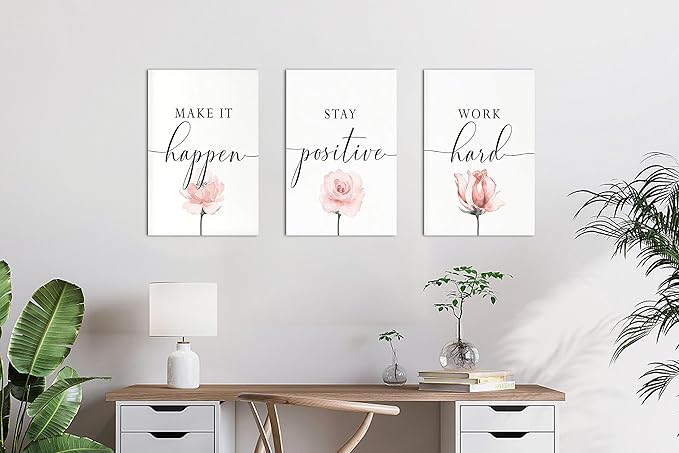 3 Piece Motivational Quotes Wall Art, Flowers Print Pictures Wall Decor, Women Inspirational Framed Artwork Home Office Decor 12"x18" x 3 Pcs