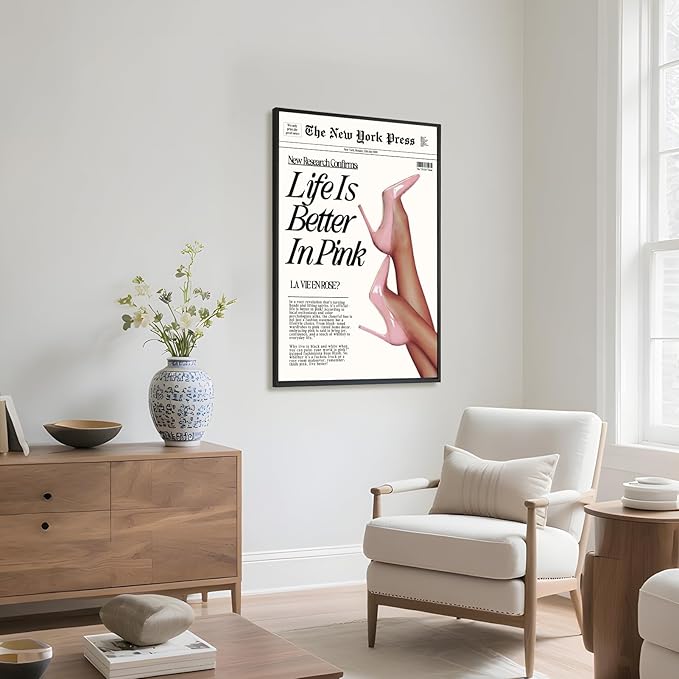 Trendy Baby Pink Hot Girl Poster Life Is Better In Pink Newspaper Wall Art Retro High Heel Picture 70s News Headline Canvas Prints Aesthetic Decor for Girly Bedroom Dorm 12x16inch Black Framed