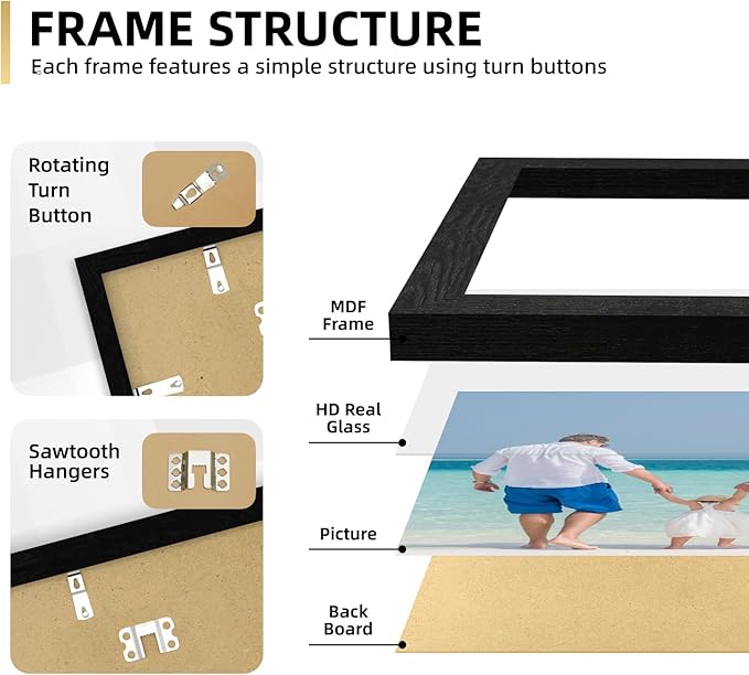 iRahmen Collage Picture Frames Set of 10, Wall Decor for Mounting or Tabletop Display, Family Photo Gallery Frame Set - Multi Sizes Including Two 8x10, Four 5x7, Four 4x6, HD Glass, Rustic Wood
