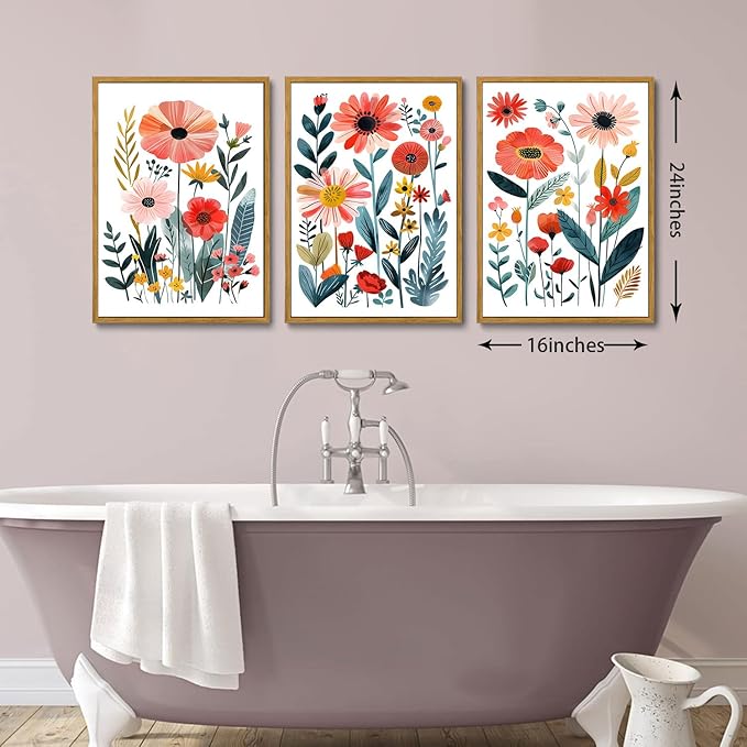 KISSFOX Framed Colorful Wildflower Canvas Wall Art Set Of 3 Flowers Pictures Prints Flowers Printing Floral Watercolors Flower wall Decor Living Room Girls Bedroom Bathroom