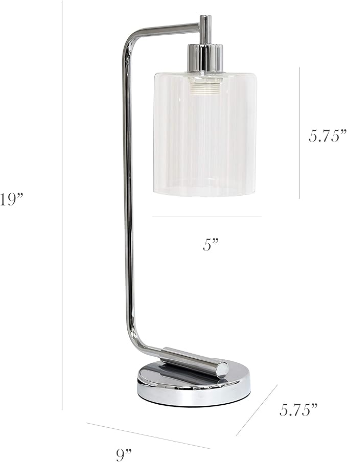 Simple Designs LD1036-CHR Bronson Antique Style Industrial Iron Lantern Desk Bedside Glass Shade Table Lamp, Chrome