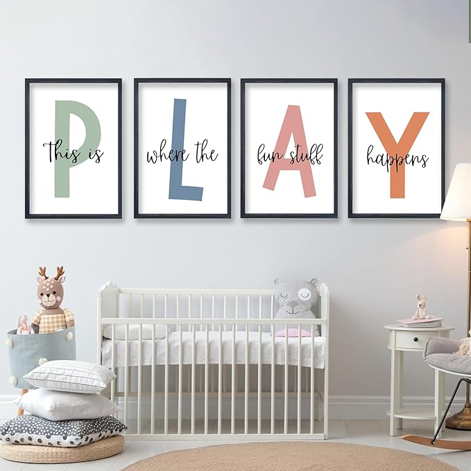 TQianJiang Playroom Wall Art for Kids 4 Piece PLAY Letter Prints with This is Where the Fun Stuff Happens Quote 11"×16" Modern Colorful Decor Children Nursery Toddler Wood Framed Wall Hanging (Black)