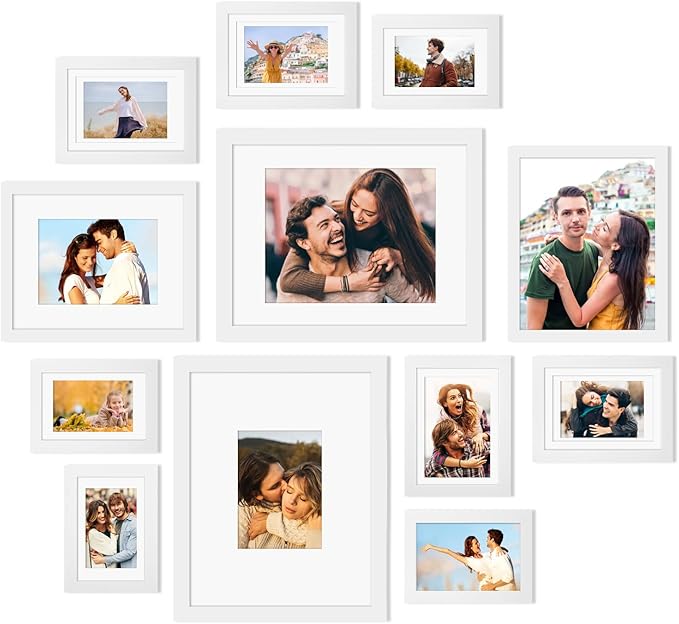 Egofine Picture Frame Set 12 Pack, Picture Frames Collage Wall Decor with Two 11x14, Two 8x10, Four 5x7, Four 4x6, Photo Frames for Wall and Tabletop, Made of Solid Wood, Covered by Plexiglass, White