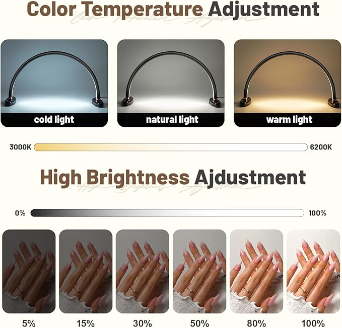 BZJ 16-Inch Half Moon Nail Light for Desk Portable Nail Art Table Lamp with Adjustable Brightness and Color Temperature for Beauty Eyelash Extensions Tattoo Crafts