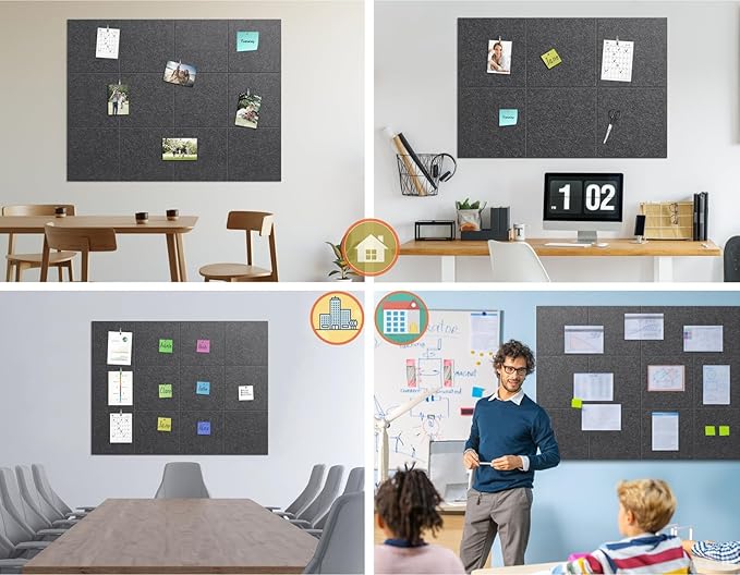 Felt Wall Tiles Bulletin Board Large Cork Board Alternative 12 Pack 11.81”x11.81”x0.47” Felt Pin Board Tack Board with Safe Removable Adhesive Tabs for Home Office School 48x36(Charcoal Grey)