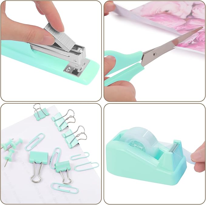 Office Accessories, 10Pcs, 360-Degree Rotating Pen Holder, Office Supplies Include Stapler, Tape, Tape Holder, Scissors, Ruler, Staple Remover, 1 Box of Staples, Paper Clips Kit for Office School