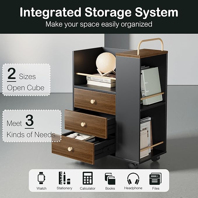 3 Drawer Mobile File Cabinet, Wood Rolling Filing Cabinet with Lockable Wheels, Utility Cart with Open Storage Shelves Home Office Fits A4/Legal, 19.7" x 11.8" x 26.3", Black Walnut