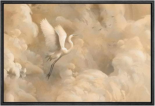 MUDECOR Framed Canvas Print Wall Art Graceful Crane in the Clouds Soft Dreamy Landscape Illustrations Minimalism Decorative Relax Colorful for Living Room, Bedroom, Office - 16"x24" BLACK