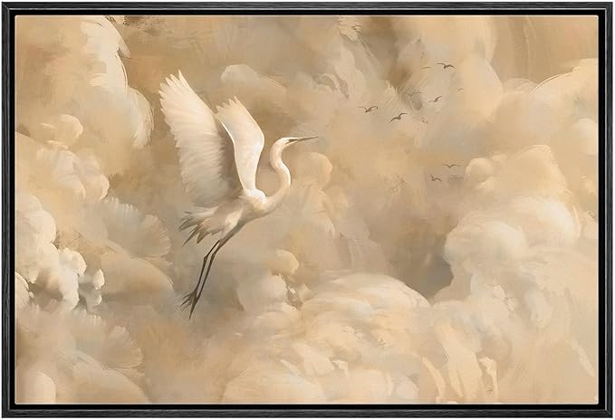 MUDECOR Framed Canvas Print Wall Art Graceful Crane in the Clouds Soft Dreamy Landscape Illustrations Minimalism Decorative Relax Colorful for Living Room, Bedroom, Office - 24"x36" BLACK