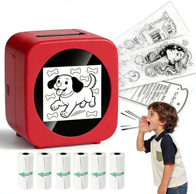 Sticker Printer Box Smart Ai Voice, Mini Stickerbox Printer Thermal Label Printer with Display Inkless Portable Sticker Maker for Home, Office, Study & DIY Projects (B Red)