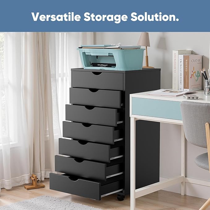 NEWBULIG 7 Drawers Mobile File Cabinet Under Desk Storage with Wheels Office Filing Cabinets Small Wooden Rolling Chest of Dawers for Home Office Black