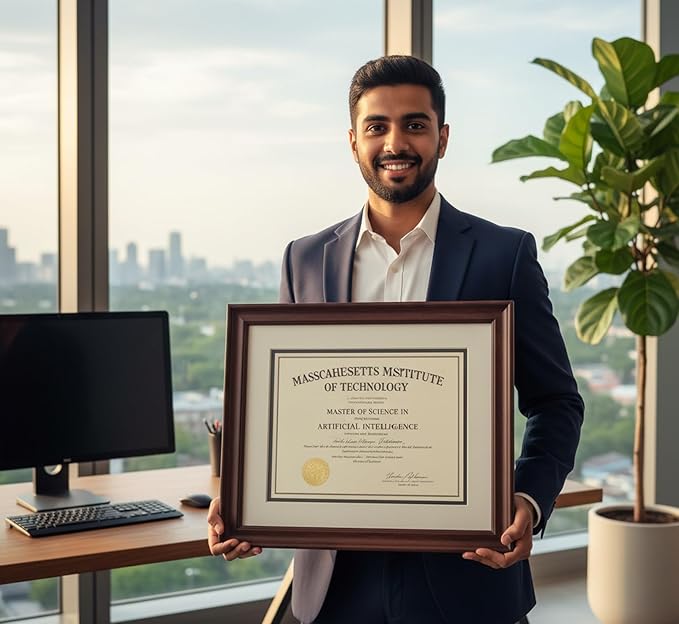 CountryArtHouse Diploma Frame Fits 14 x 11 College Diploma (Modern) - Keepsake Graduation Display Rustic Walnut Genuine Hardwood with Navy Blue Over Metallic Gold Double mat