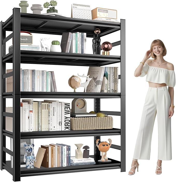 Book Shelf, Screwless Installation Metal Bookshelves, Heavy Duty Steel Bookcases, Adjustable Tall Industrial Bookshelf for Living Room, Bedroom and Library, Black (5-Tier With Fence 72''Hx36''Wx16''D)