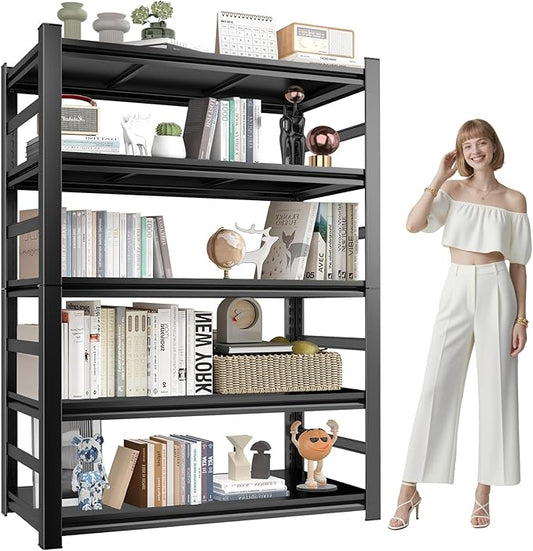 Book Shelf, Screwless Installation Metal Bookshelves, Heavy Duty Steel Bookcases, Adjustable Tall Industrial Bookshelf for Living Room, Bedroom and Library, Black (5-Tier With Fence 72''Hx36''Wx16''D)