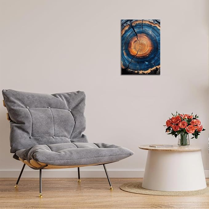 IBHJSART Framed Tree Ring Canvas Wall Art Blue Wall Art Wood Stump Painting Prints Modern Minimalist Pictures Neutral Nature Rustic Farmhouse Decor Living Room Bedroom Bathroom Office
