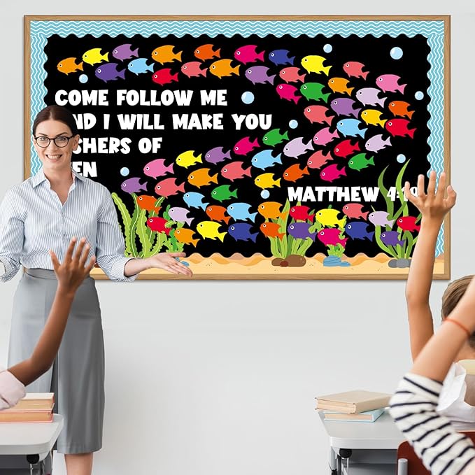 Fishers of Men Bulletin Board Classroom Decorations Christian Religious Bible Bulletin Board Sets Fish Paper Cutouts for Jesus Church Sunday Summer VBS Back to School Teacher Chalkboard Wall Supplies