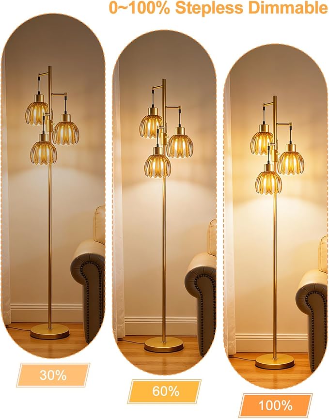 Lightdot 65'' Glass Floor Lamp Dimmable Gold Floor Lamps with Brown Lotus Glass Shade& 3000K Bulbs Included 3-Lights Modern Tall Standing Lamp for Living Room/Bedroom/Sofa Beside/Corner Decor
