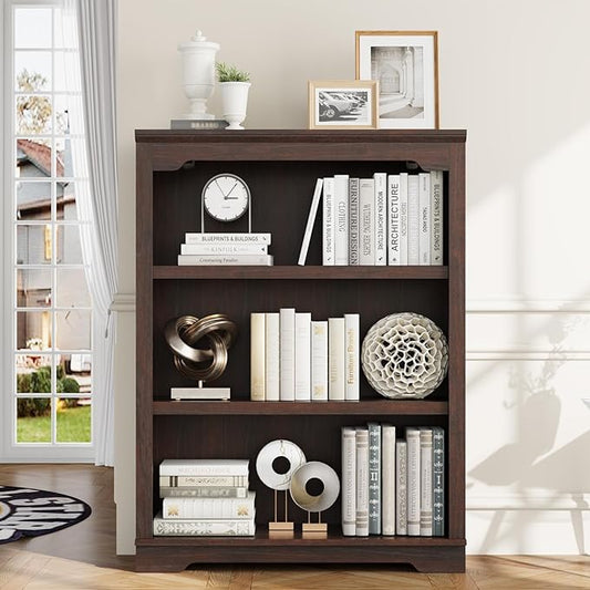 HIFYOBRO 3 Tier Bookshelf, 31.5" Wide Wooden Book Shelf, 42" Tall Bookcase, Freestanding Open Display Storage Bookshelves for Study Room, Home Office, Living Room(Cherry)