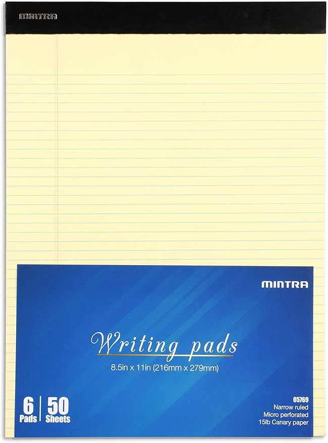 Mintra Office Canary Legal Pads - With Micro-perforated sheets, Smooth-lined paper, Ideal for Office Tasks, Assignments or Notes, Meetings, and Journaling, 6 pack Narrow Ruled, Basic Pad, 8.5"x11"